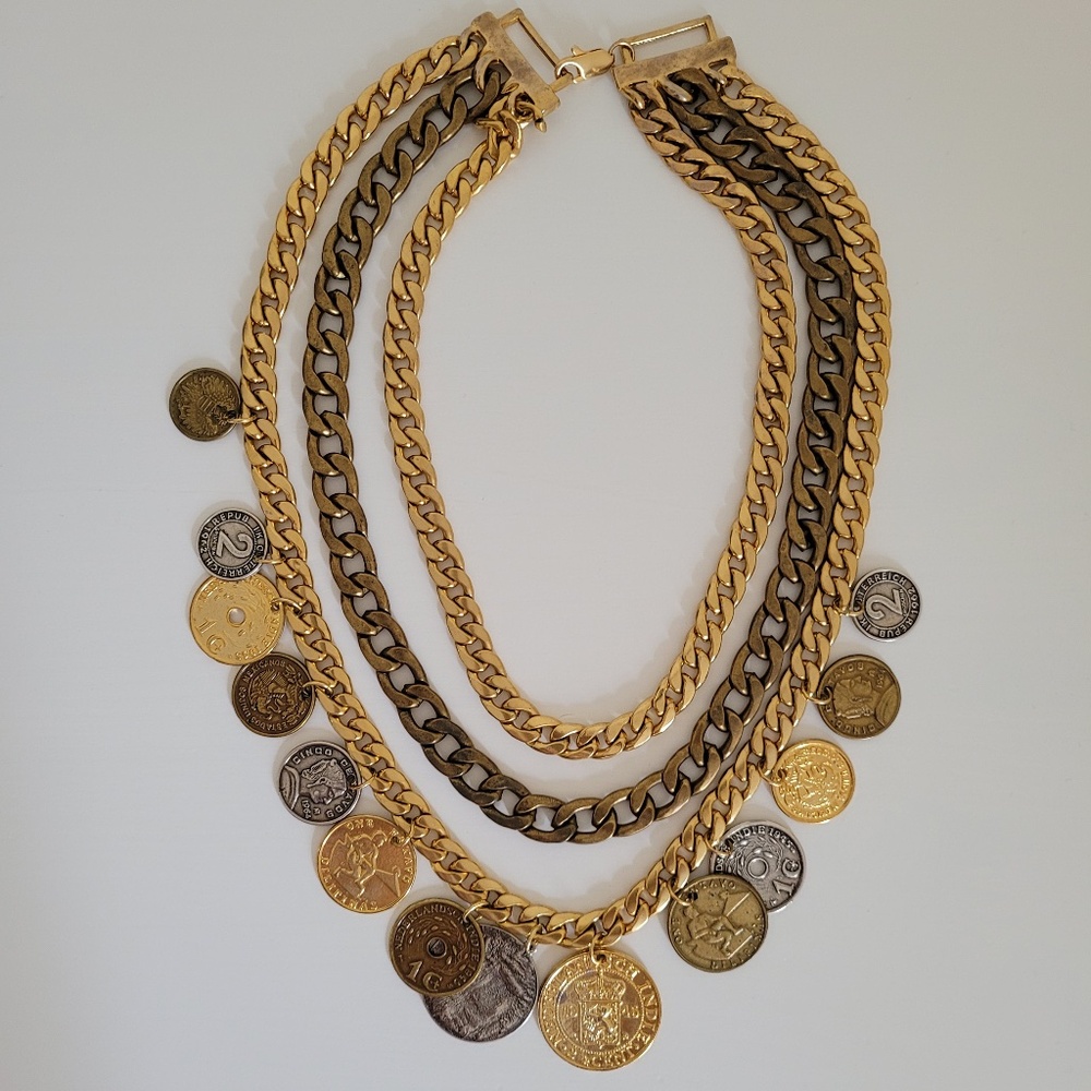 PETER LANG Vintage  Statement Necklace Modernist Chunky Chain & Coin Charms .